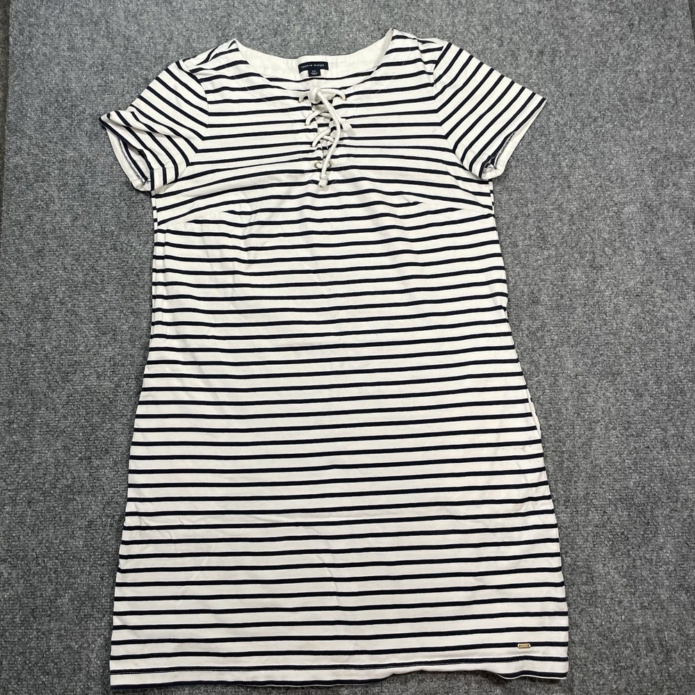 Tommy Hilfiger Polo Dress Large Nautical Stripe Blue White Summer Pockets Short